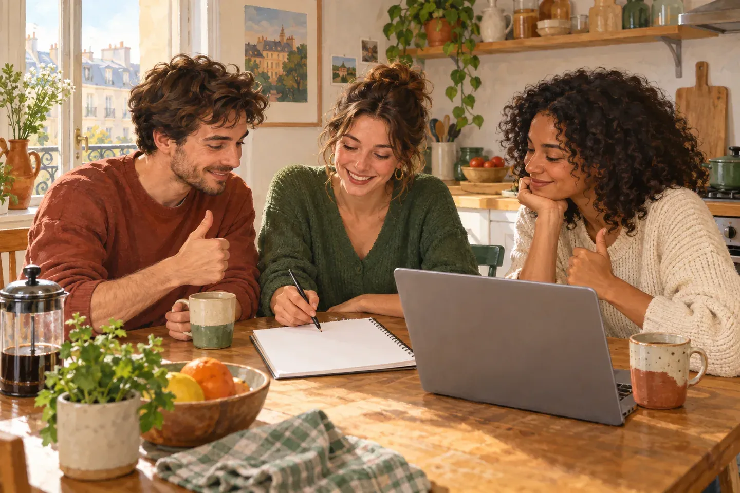 Trois colocataires se mettent d'accord autour d'un signalement écrit commun, ordinateur et bloc-notes sur la table