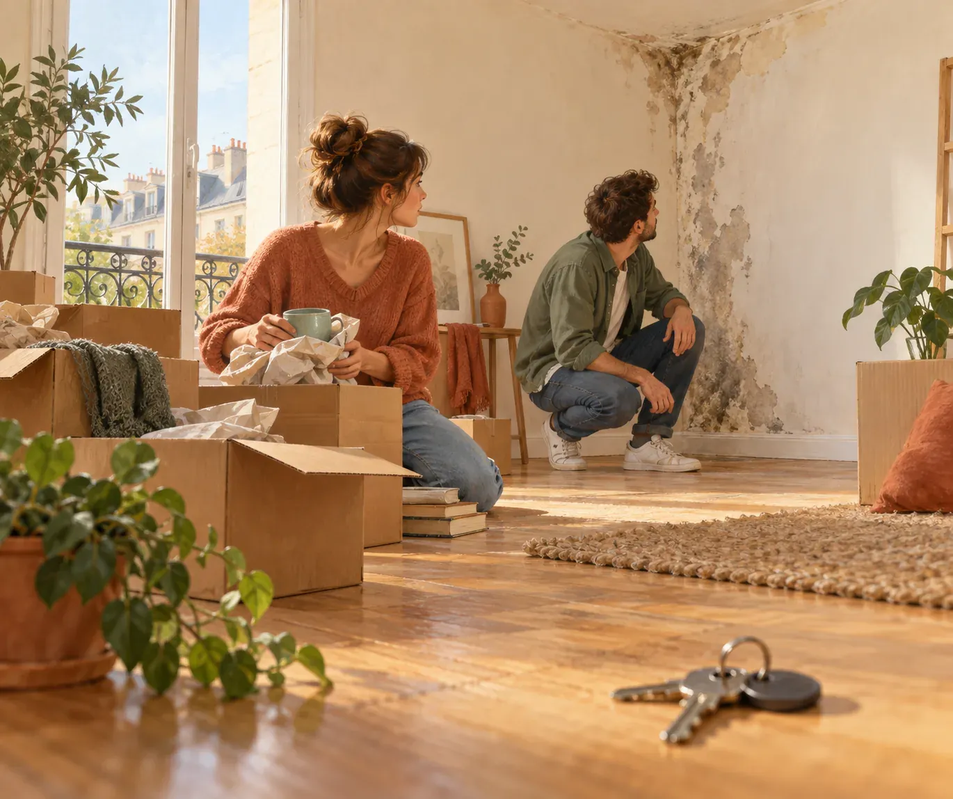 De nouveaux propriétaires ouvrent des cartons dans un salon vide et remarquent des dégâts dans un angle