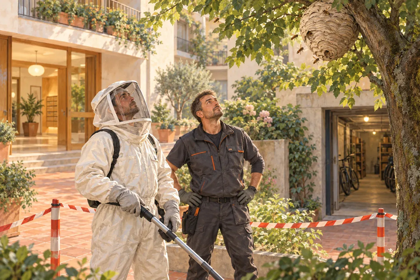 Un apiculteur protégé et un technicien observent un nid volumineux en haut d'un arbre, périmètre de sécurité en place, dans les parties communes d'un immeuble.