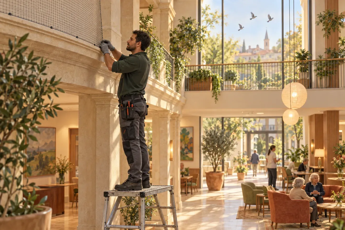 Un technicien installe un filet anti-perchoir discret sur une corniche et un balcon, dans un établissement recevant du public.