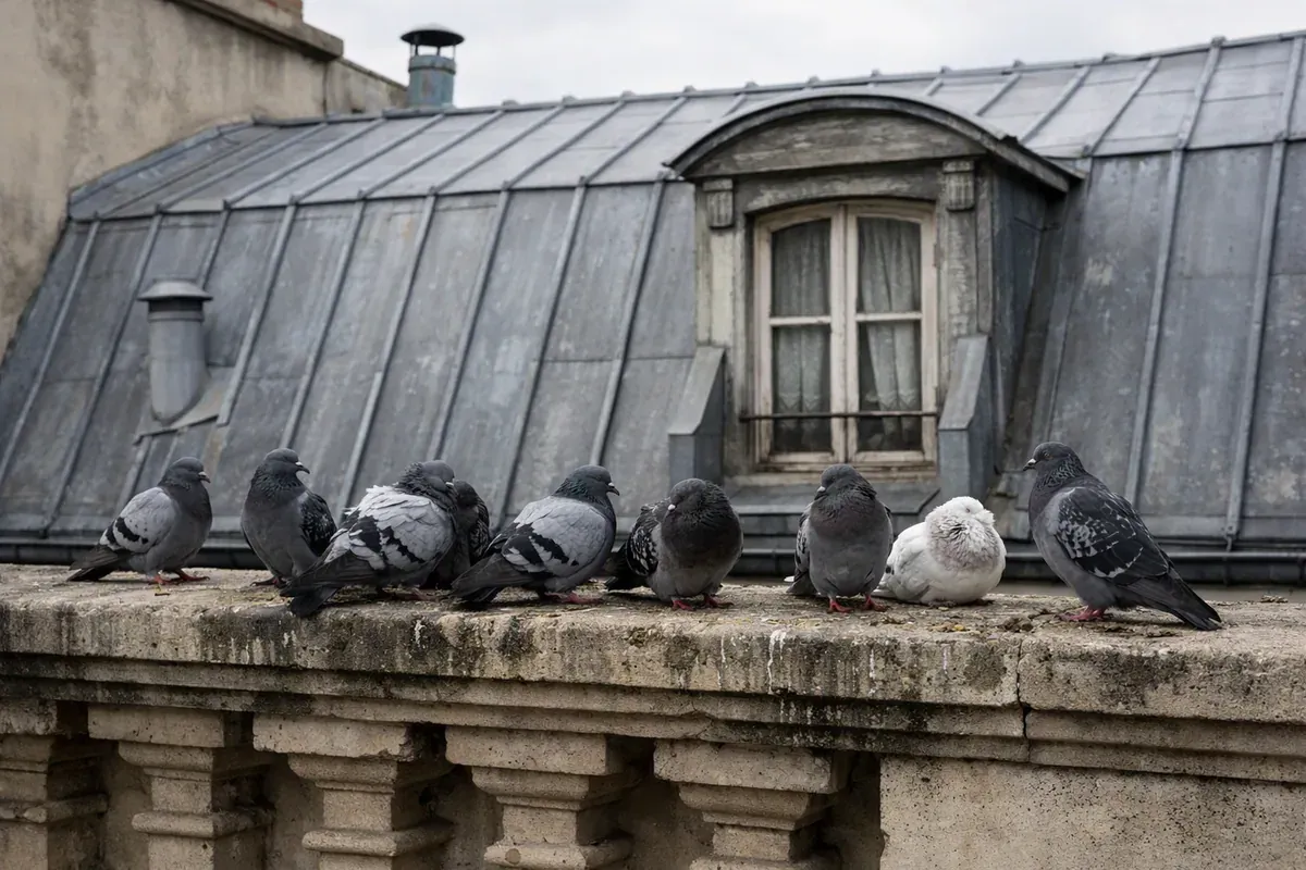 Pigeons posés sur la corniche en pierre d'un immeuble ancien