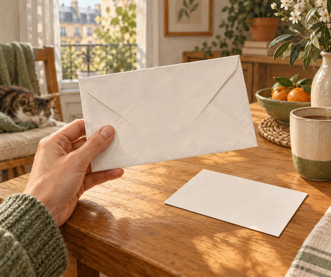 Une main tient une enveloppe recommandée revenue non réclamée, l'avis de passage à côté