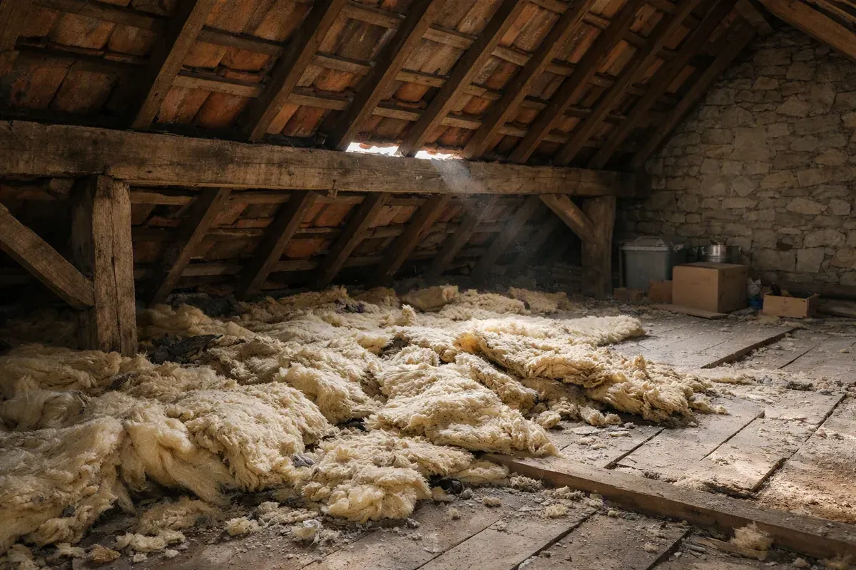 Combles d'une maison avec laine de verre dérangée sous la charpente