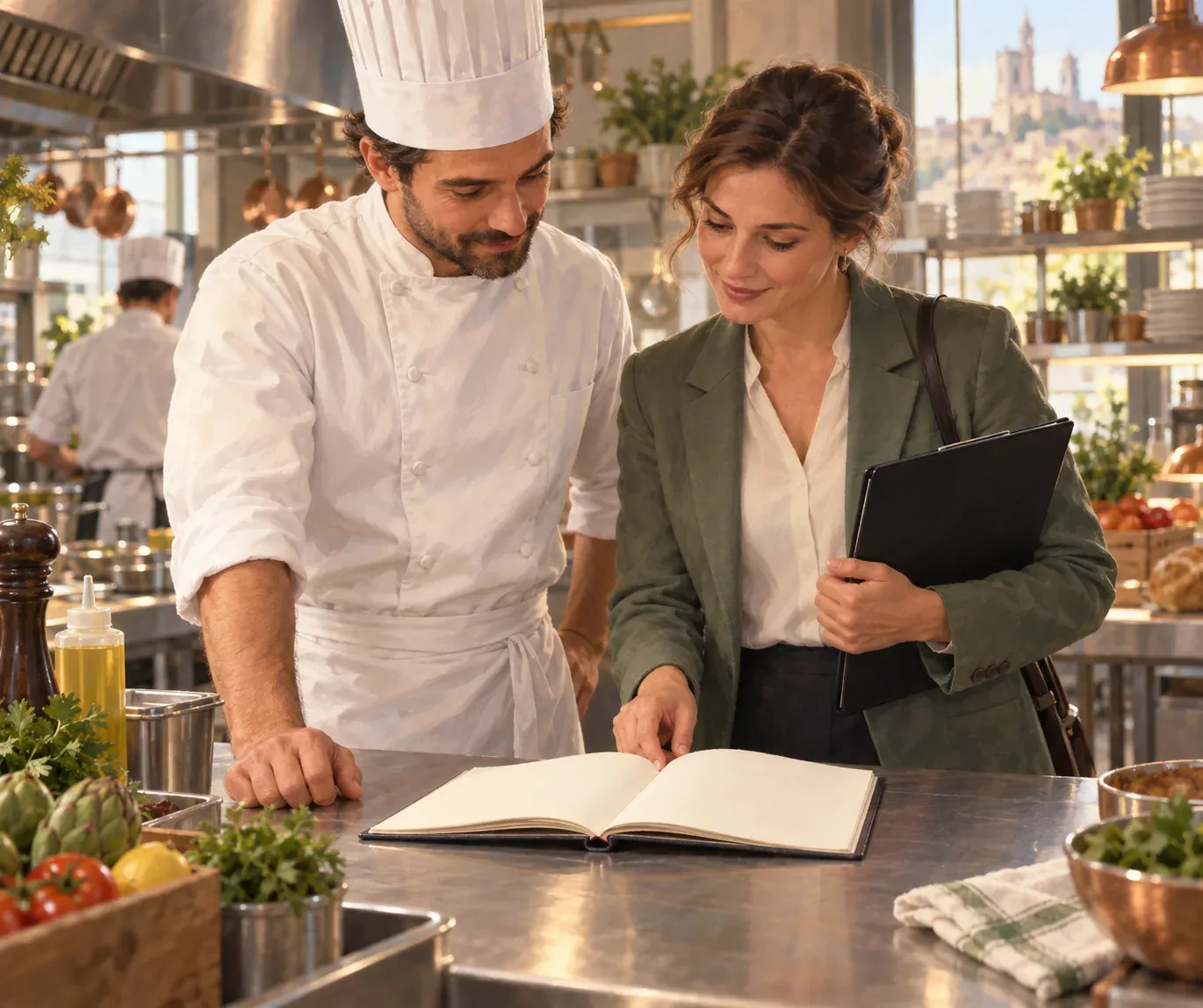 Un chef et un inspecteur parcourent un registre d'hygiène dans une cuisine professionnelle