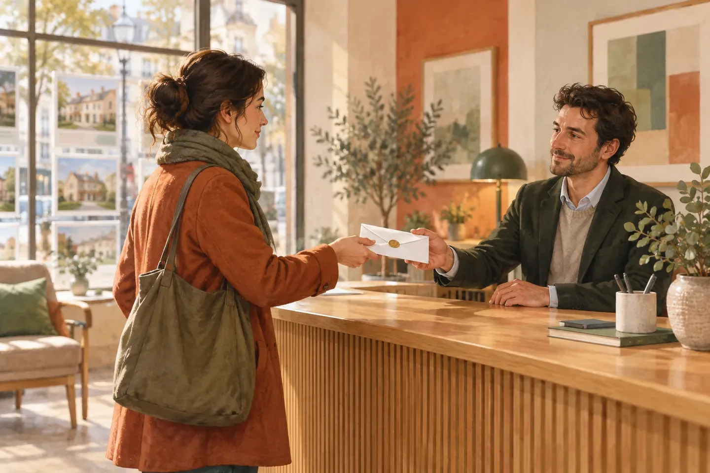 Une personne remet une lettre au comptoir d'une agence immobilière