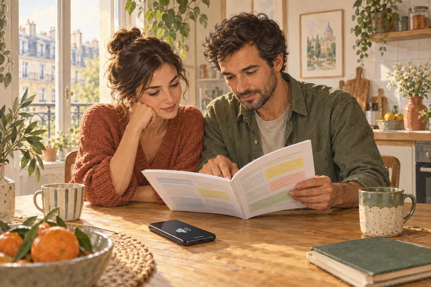 Un couple lit un contrat d'assurance habitation à la table de cuisine, téléphone en haut-parleur et paragraphes surlignés