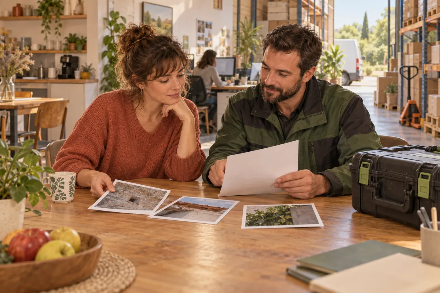 Deux personnes comparent un devis écrit et des photographies sur une table, la mallette du technicien posée à côté, dans les locaux d'une entreprise.
