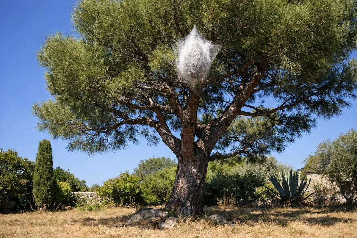 Nid de chenilles processionnaires dans les branches d'un pin de jardin