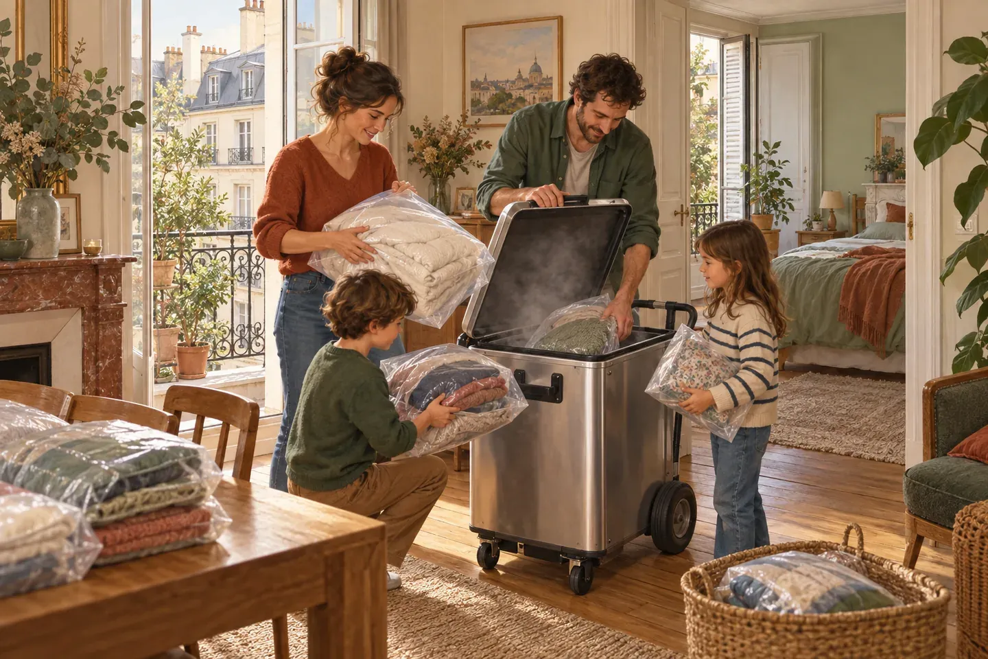 Une famille enferme draps et vêtements dans des sacs scellés avant un traitement vapeur, la chambre traitée s'aère derrière