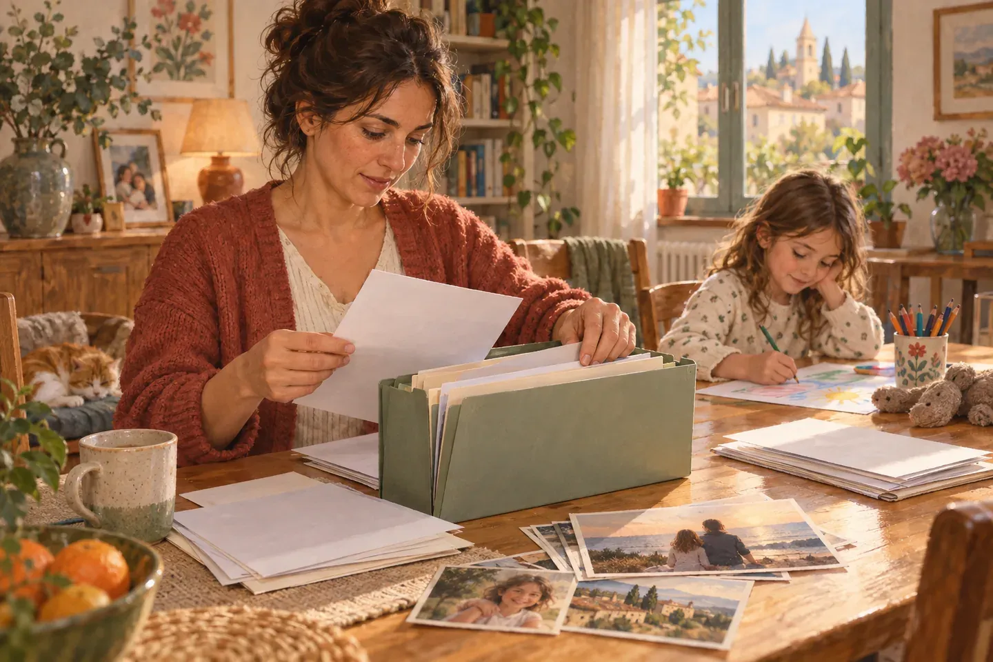 Un parent classe formulaires et photographies datées dans un dossier étiqueté, un enfant dessine au bout de la table