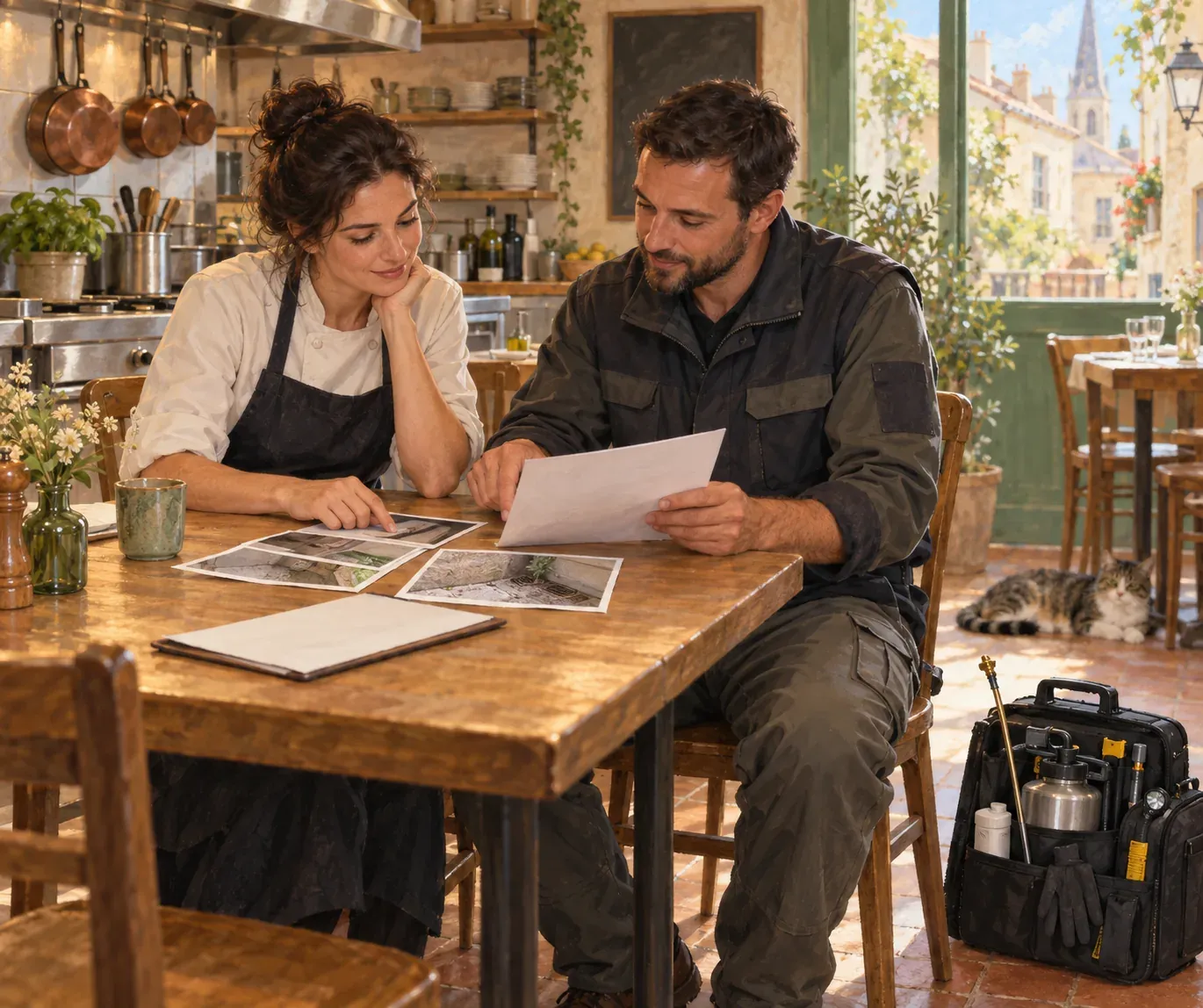 Deux personnes comparent un devis écrit et des photographies sur une table, la mallette du technicien posée à côté, dans un commerce de proximité.