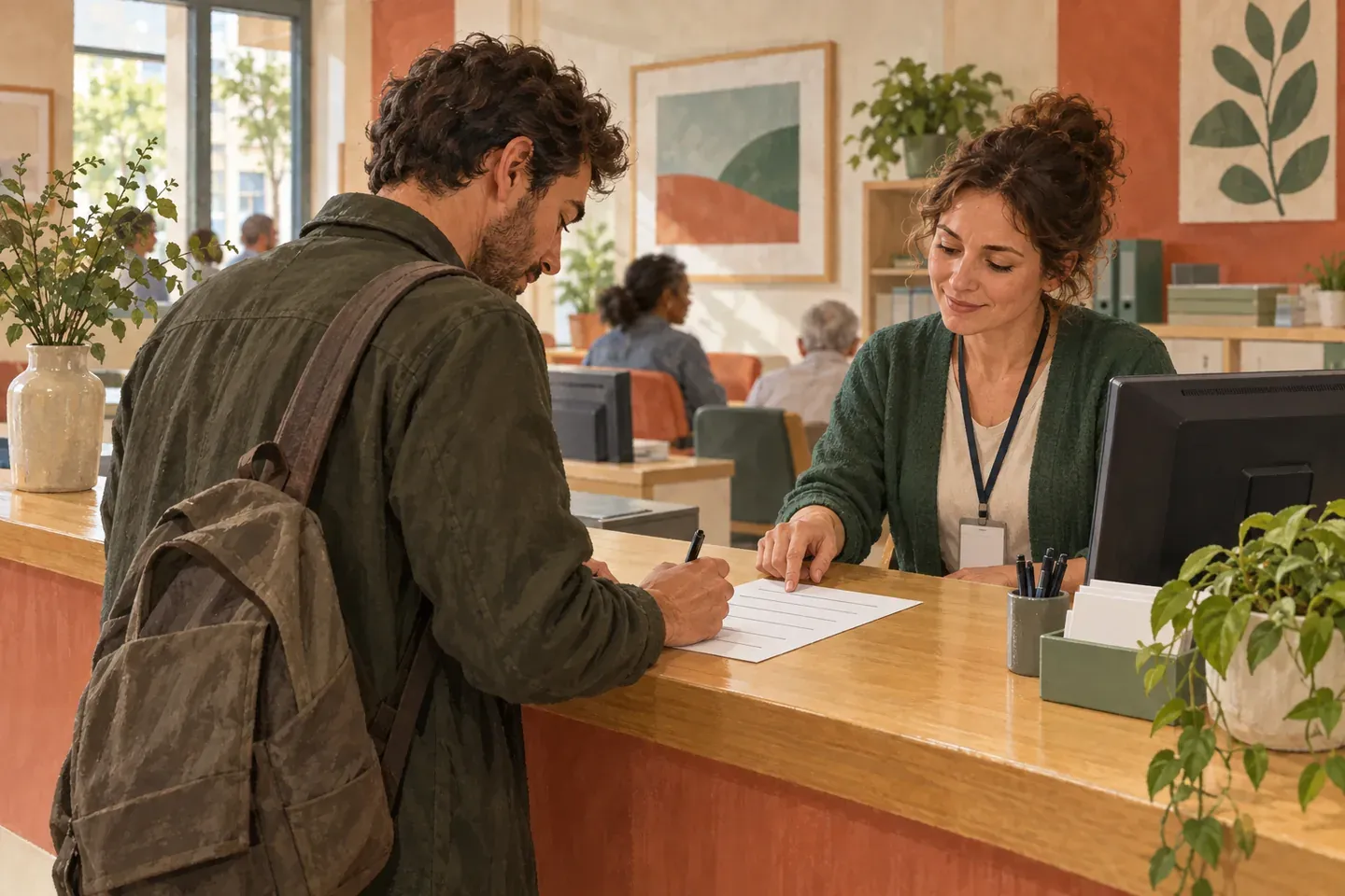 Un habitant remplit un formulaire de signalement au guichet du service hygiène d'une mairie