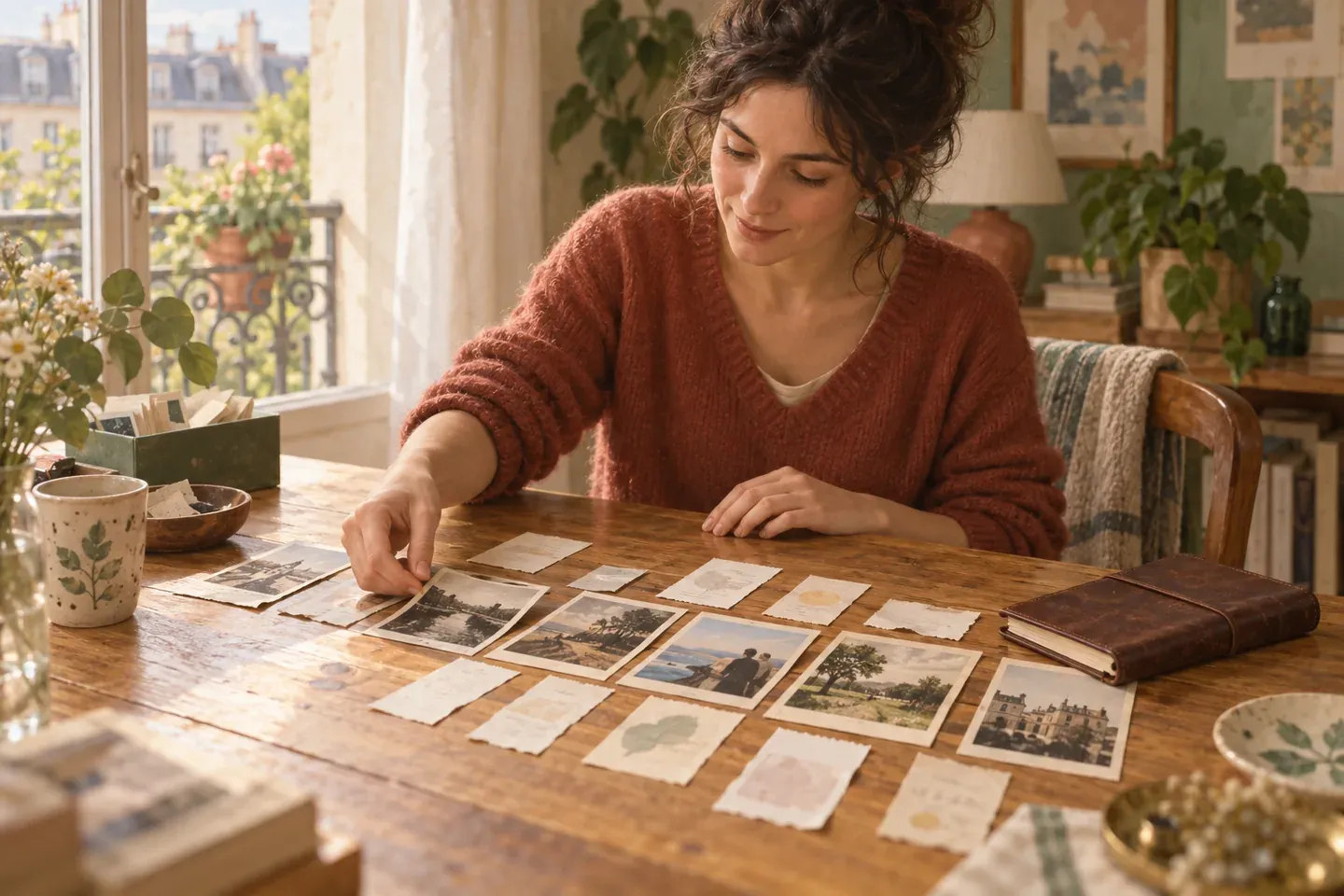 Une personne aligne sur une table des photographies datées, un journal de bord et des reçus