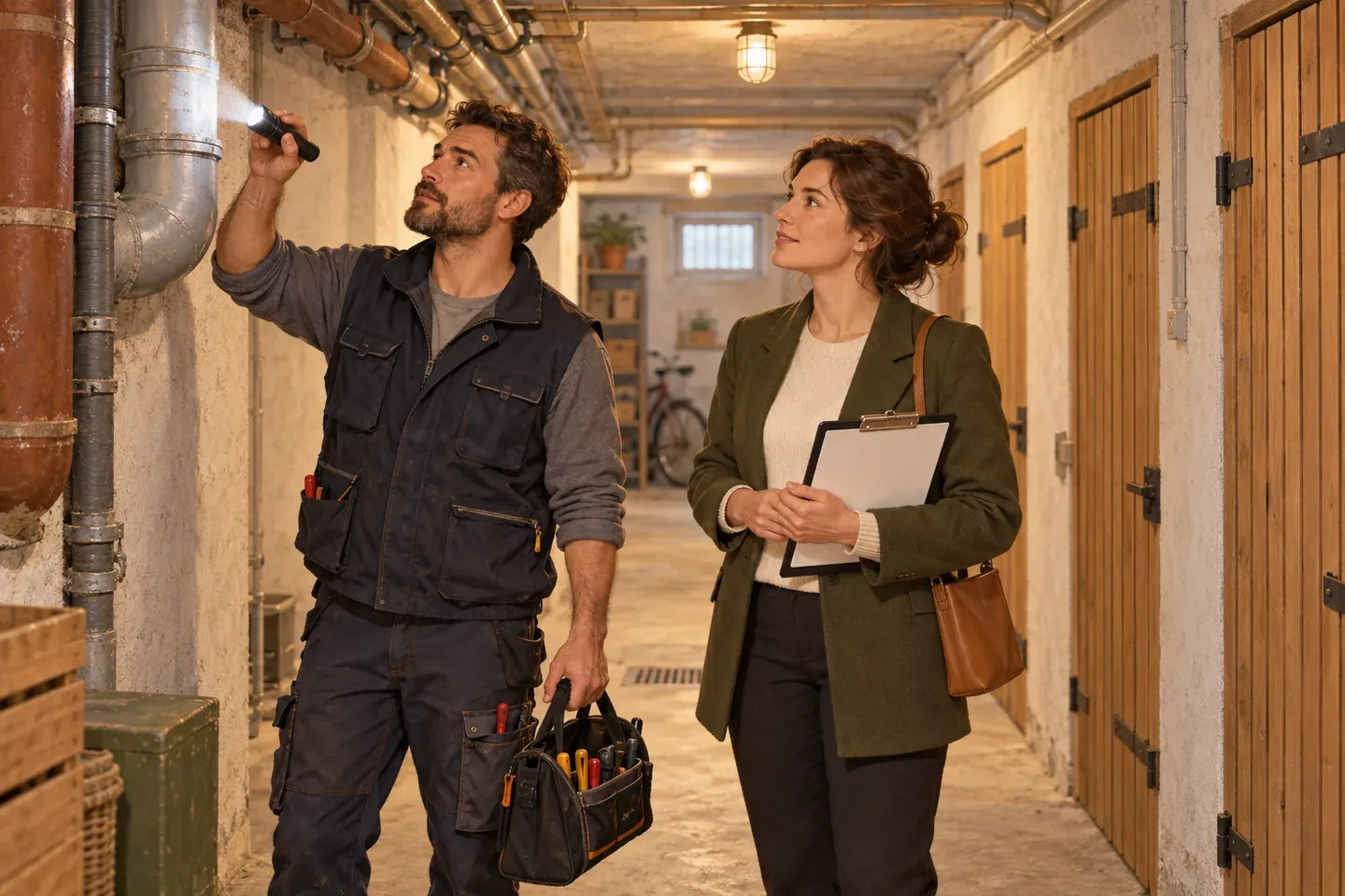 Un gestionnaire et un technicien inspectent le couloir de cave d'un immeuble de ville