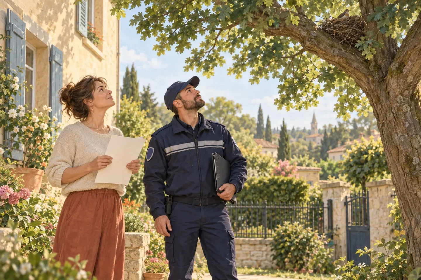 Un propriétaire et un agent municipal observent un nid dans un grand arbre, devis en main
