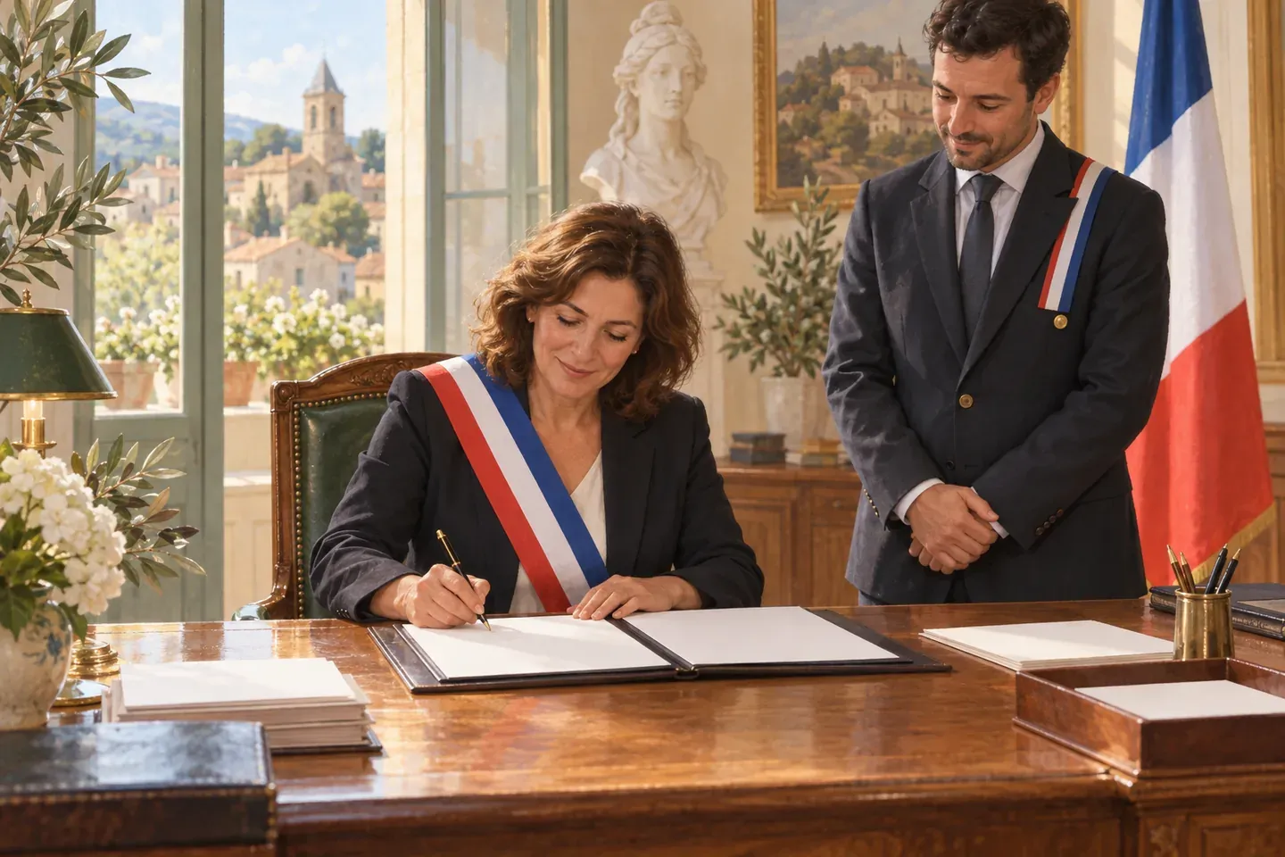 Un maire signe un arrêté au bureau de la mairie, un agent municipal à ses côtés