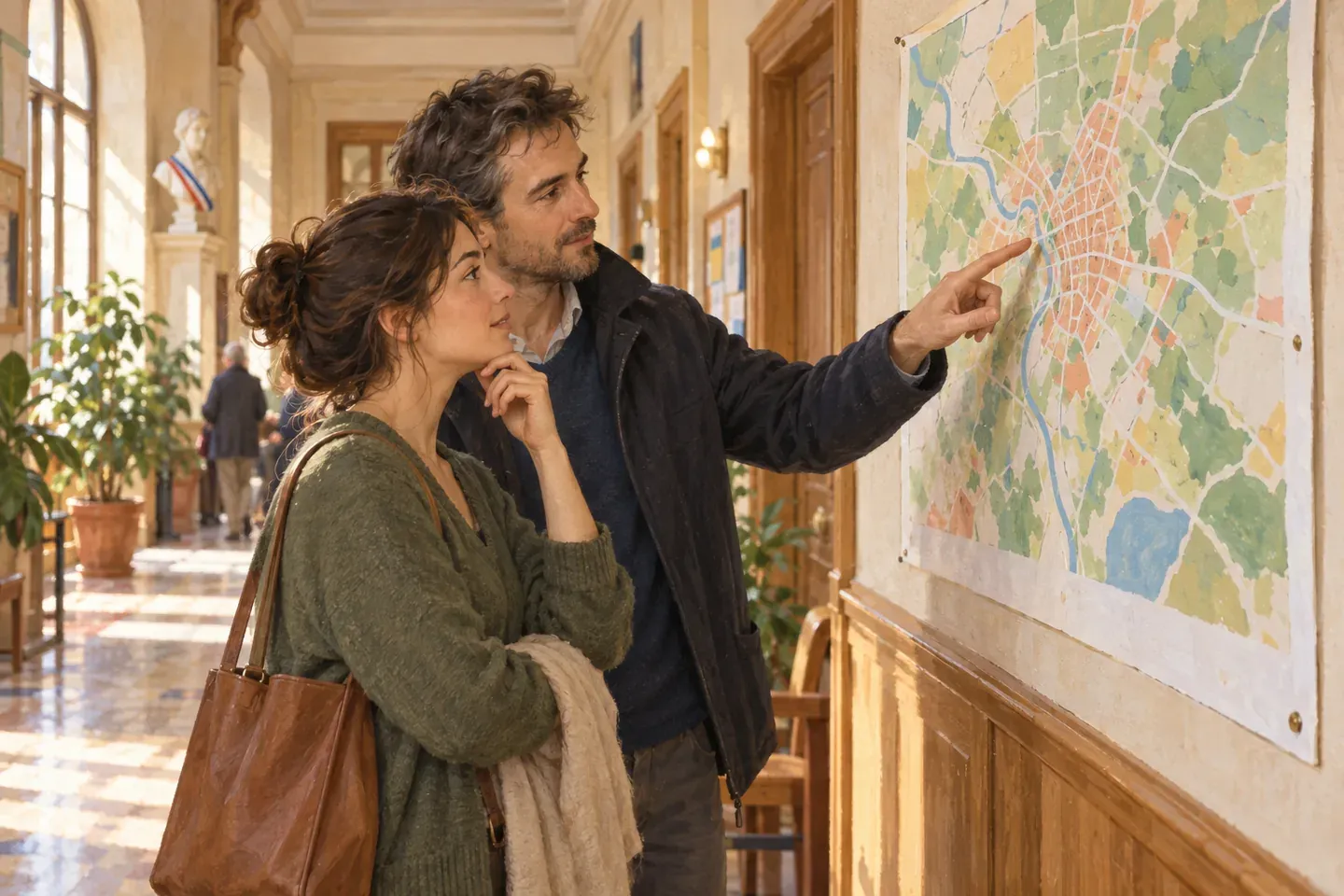 Un couple étudie une carte départementale affichée dans un couloir de mairie