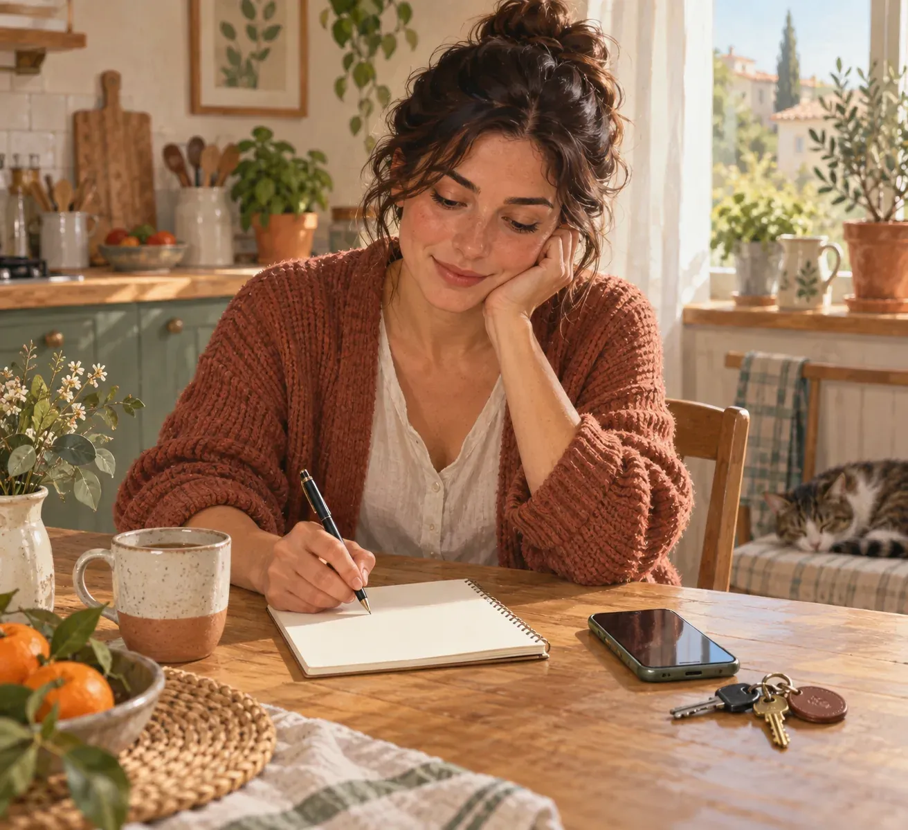 Une personne note à la table de cuisine les dates et les faits de son problème sur un bloc-notes