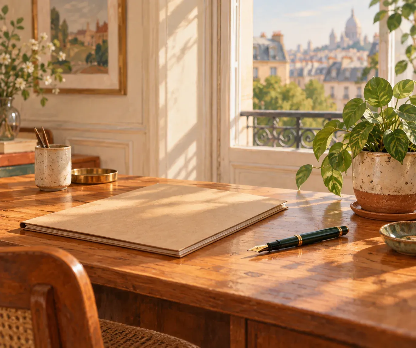Un bureau en bois rangé avec un dossier fermé, un stylo plume et une plante dans la lumière du jour
