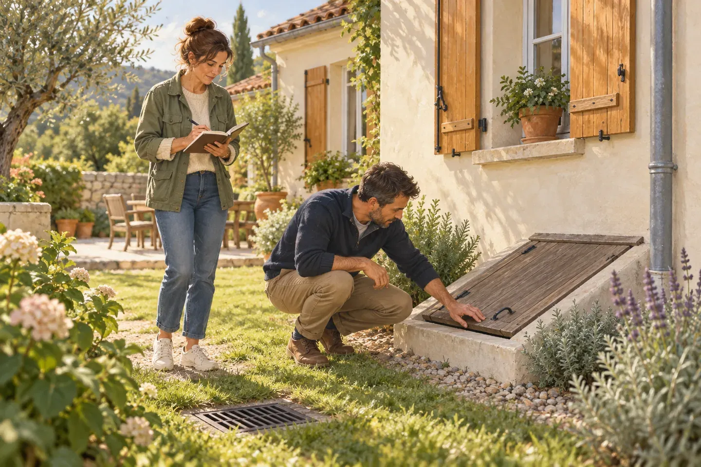 Un couple propriétaire fait le tour de sa maison avec un carnet, trappe de cave et regard de jardin vérifiés