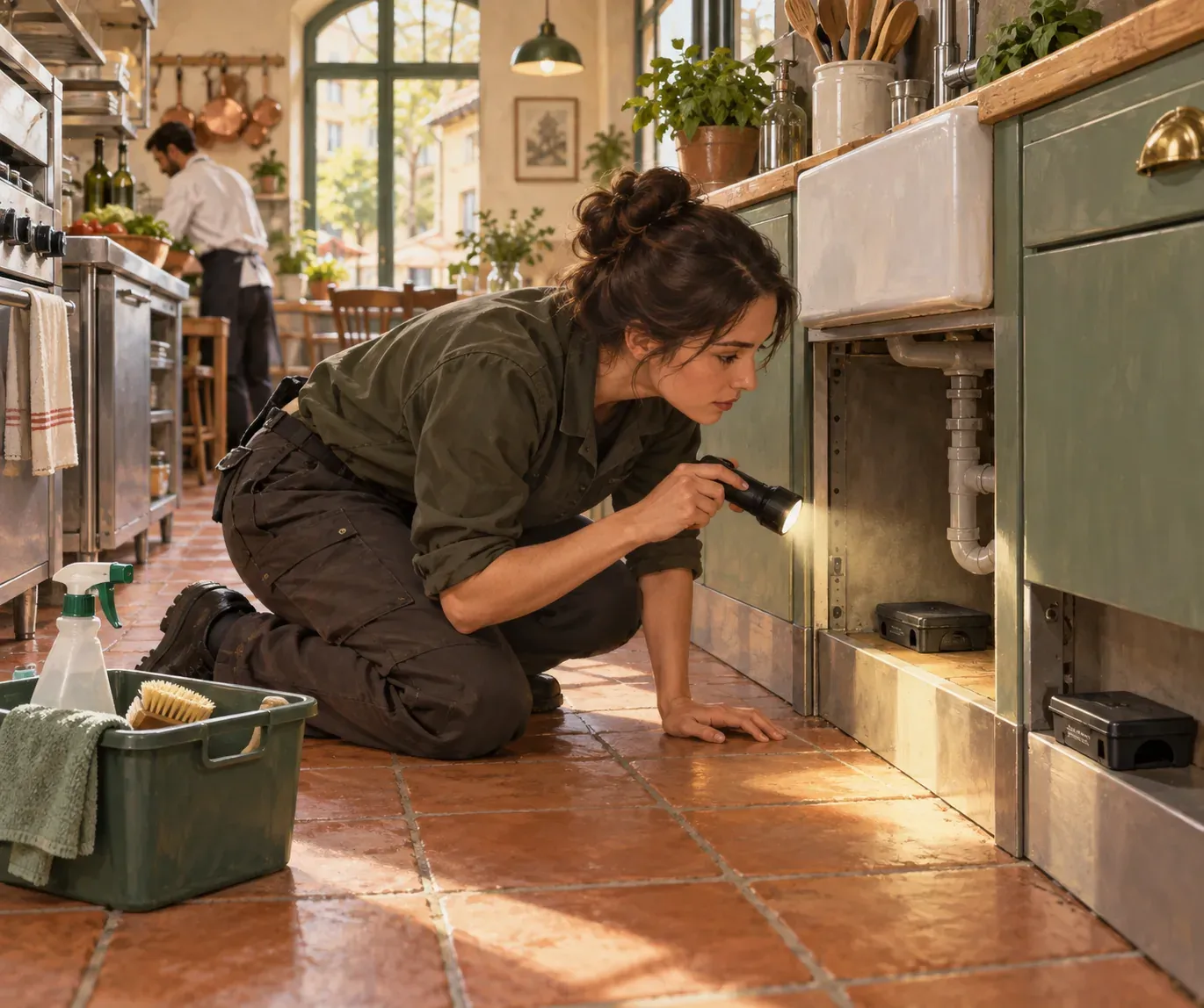 Une personne inspecte à la lampe torche le dessous d'un évier et l'arrière d'une plinthe de cuisine, des postes d'appâtage fermés à côté, dans un commerce de proximité.