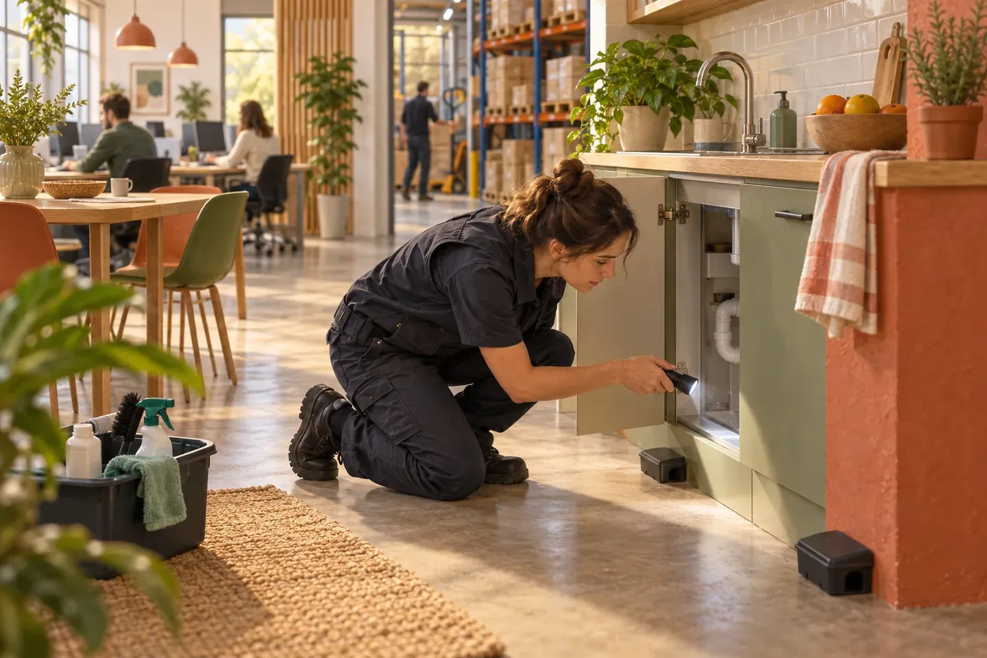 Une personne inspecte à la lampe torche le dessous d'un évier et l'arrière d'une plinthe de cuisine, des postes d'appâtage fermés à côté, dans les locaux d'une entreprise.