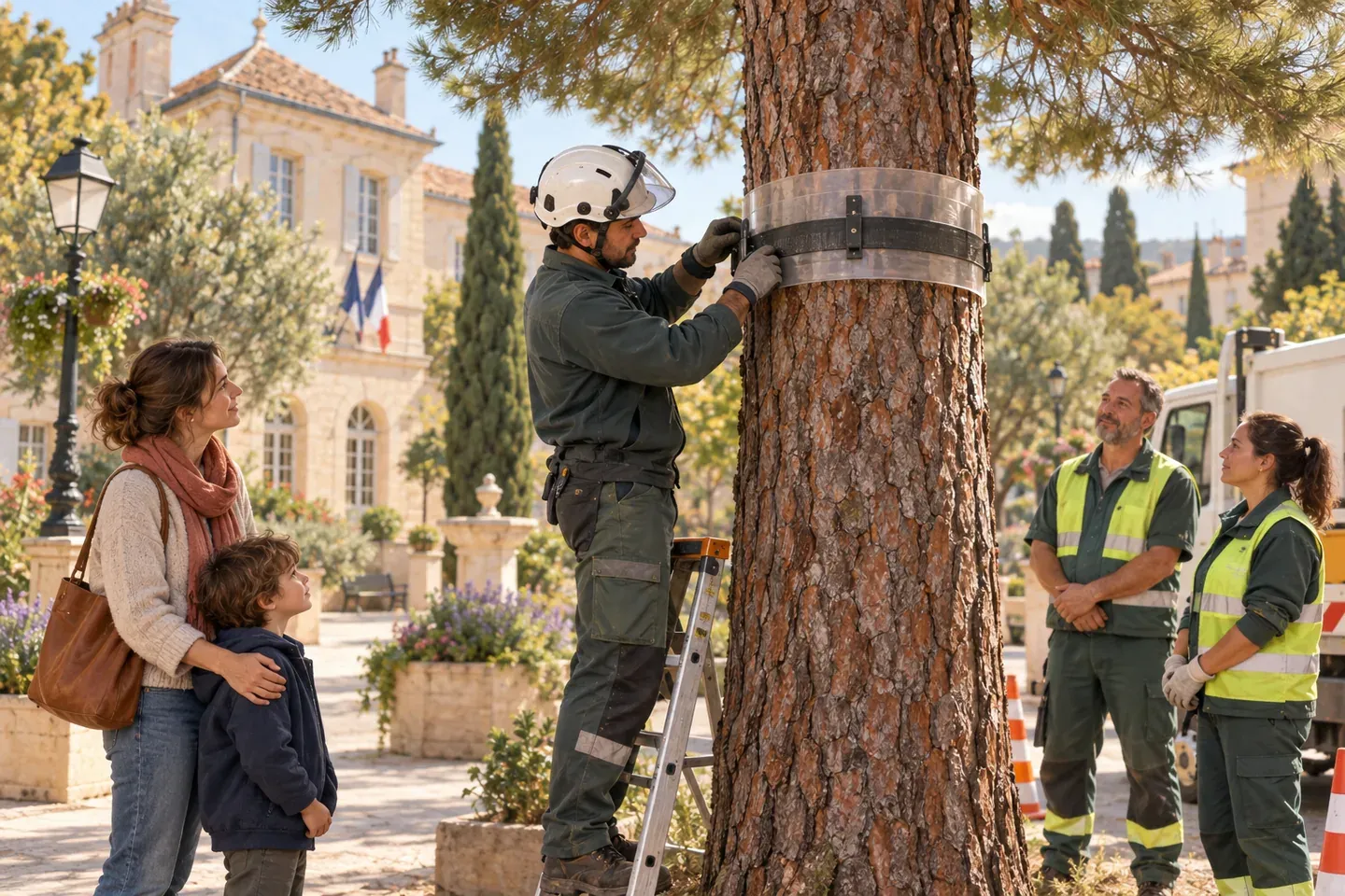 Un technicien équipé pose un piège à collerette autour d'un pin, un parent tient un enfant à distance, aux abords d'une mairie.