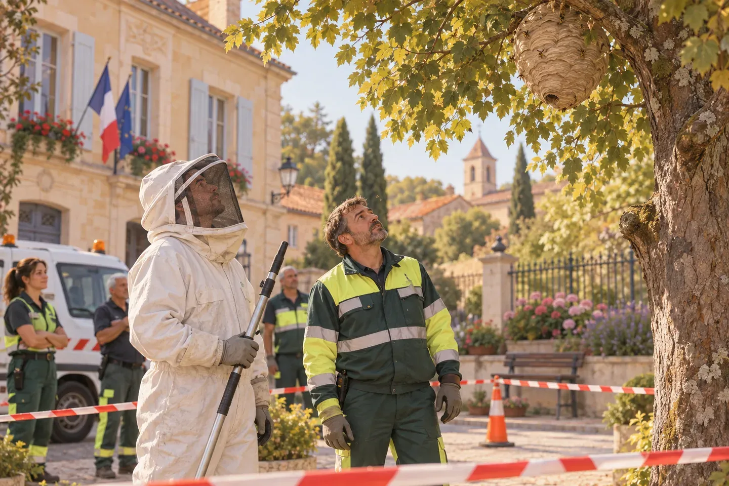 Un apiculteur protégé et un technicien observent un nid volumineux en haut d'un arbre, périmètre de sécurité en place, aux abords d'une mairie.