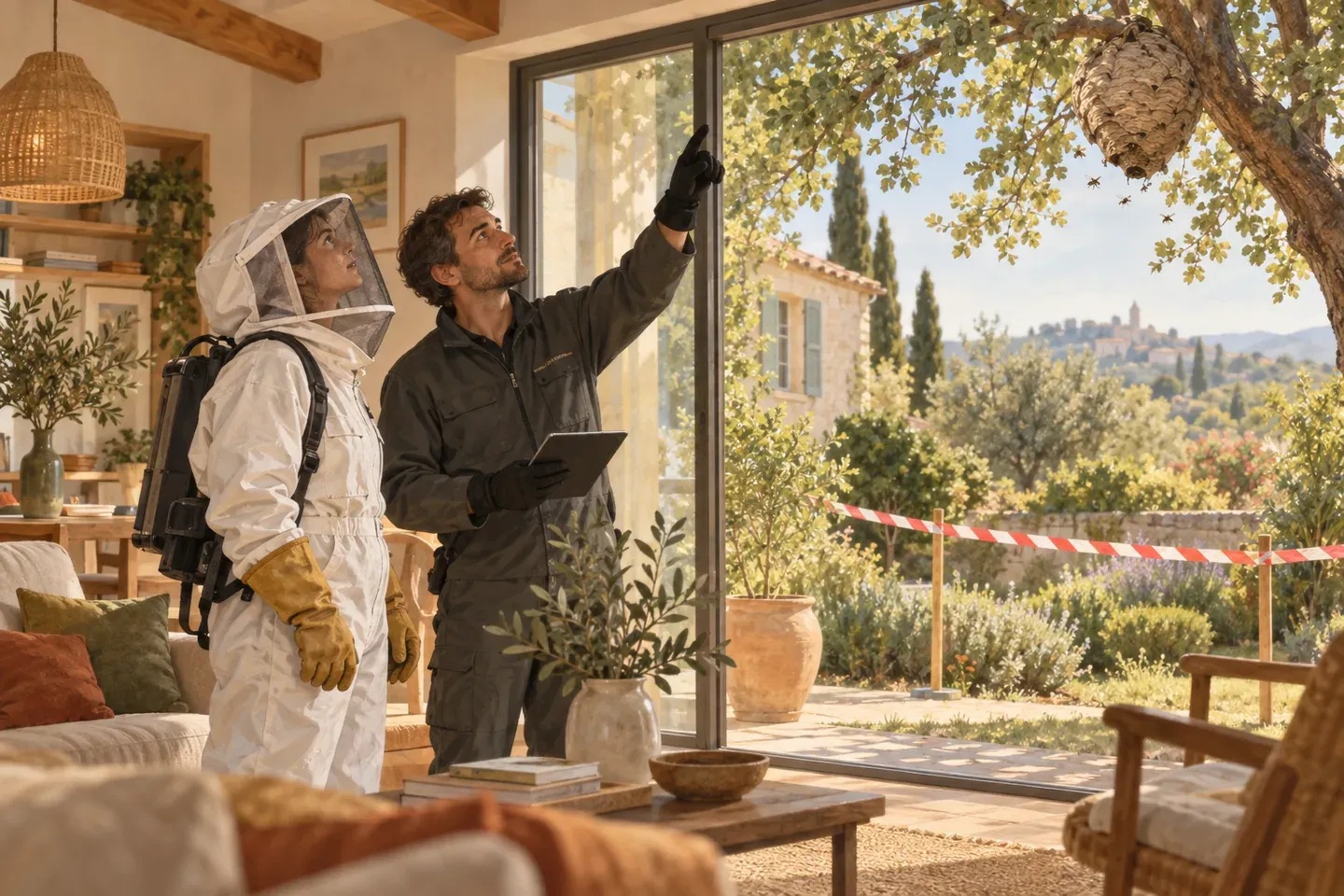 Un apiculteur protégé et un technicien observent un nid volumineux en haut d'un arbre, périmètre de sécurité en place, dans un logement.