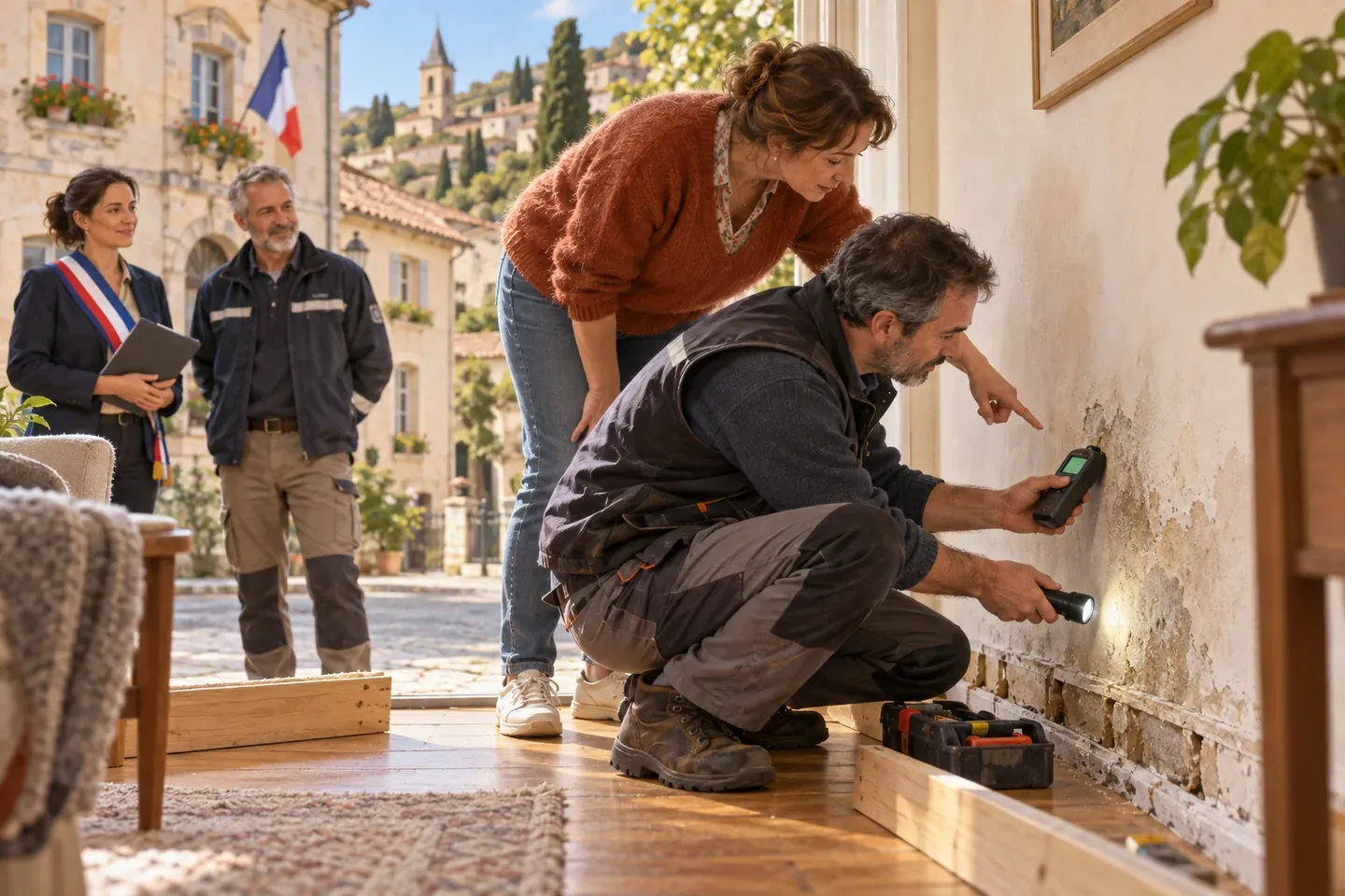 Un expert examine un mur humide derrière une plinthe déposée, humidimètre en main, l'occupant montre la tache, aux abords d'une mairie.