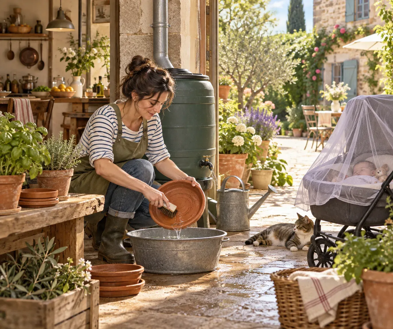 Une personne vide et brosse les soucoupes de pots et la gouttière d'un jardin ensoleillé, moustiquaire posée sur un landau, dans un commerce de proximité.