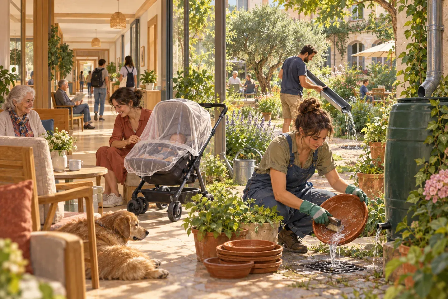 Une personne vide et brosse les soucoupes de pots et la gouttière d'un jardin ensoleillé, moustiquaire posée sur un landau, dans un établissement recevant du public.