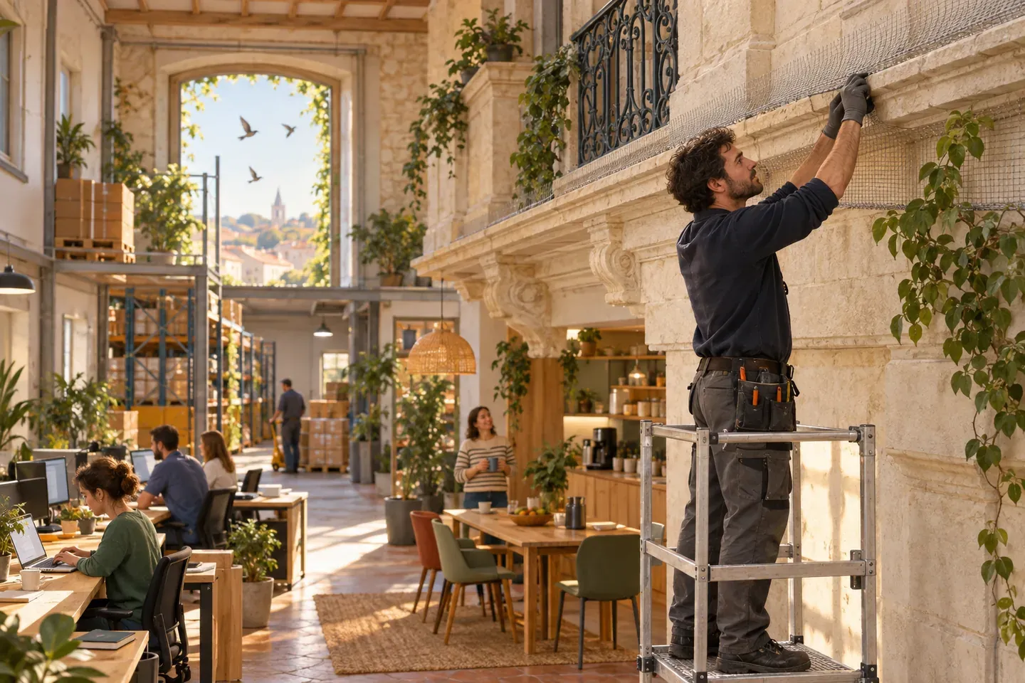 Un technicien installe un filet anti-perchoir discret sur une corniche et un balcon, dans les locaux d'une entreprise.