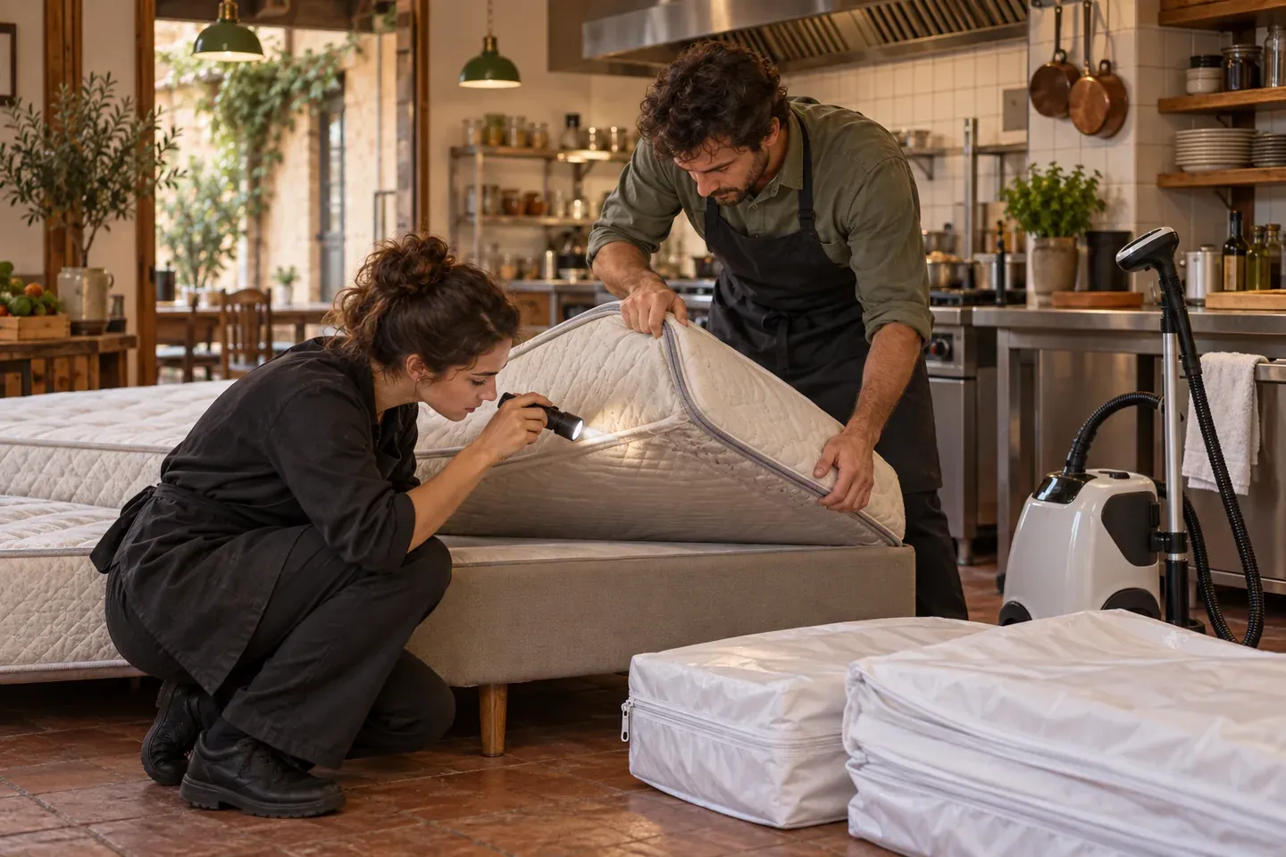 Deux personnes soulèvent un matelas et inspectent les coutures à la lampe torche, housses de protection et appareil vapeur prêts, dans un commerce de proximité.