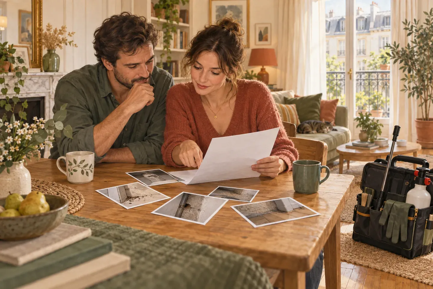 Deux personnes comparent un devis écrit et des photographies sur une table, la mallette du technicien posée à côté, dans un logement.