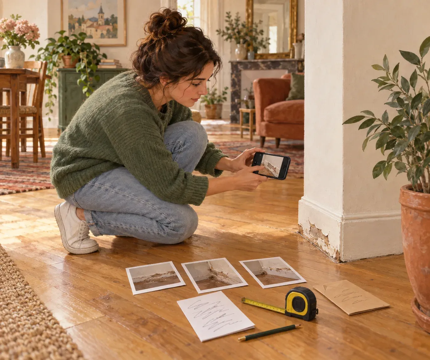 Un locataire photographie une plinthe abîmée à côté d'une note manuscrite datée, les preuves alignées au sol