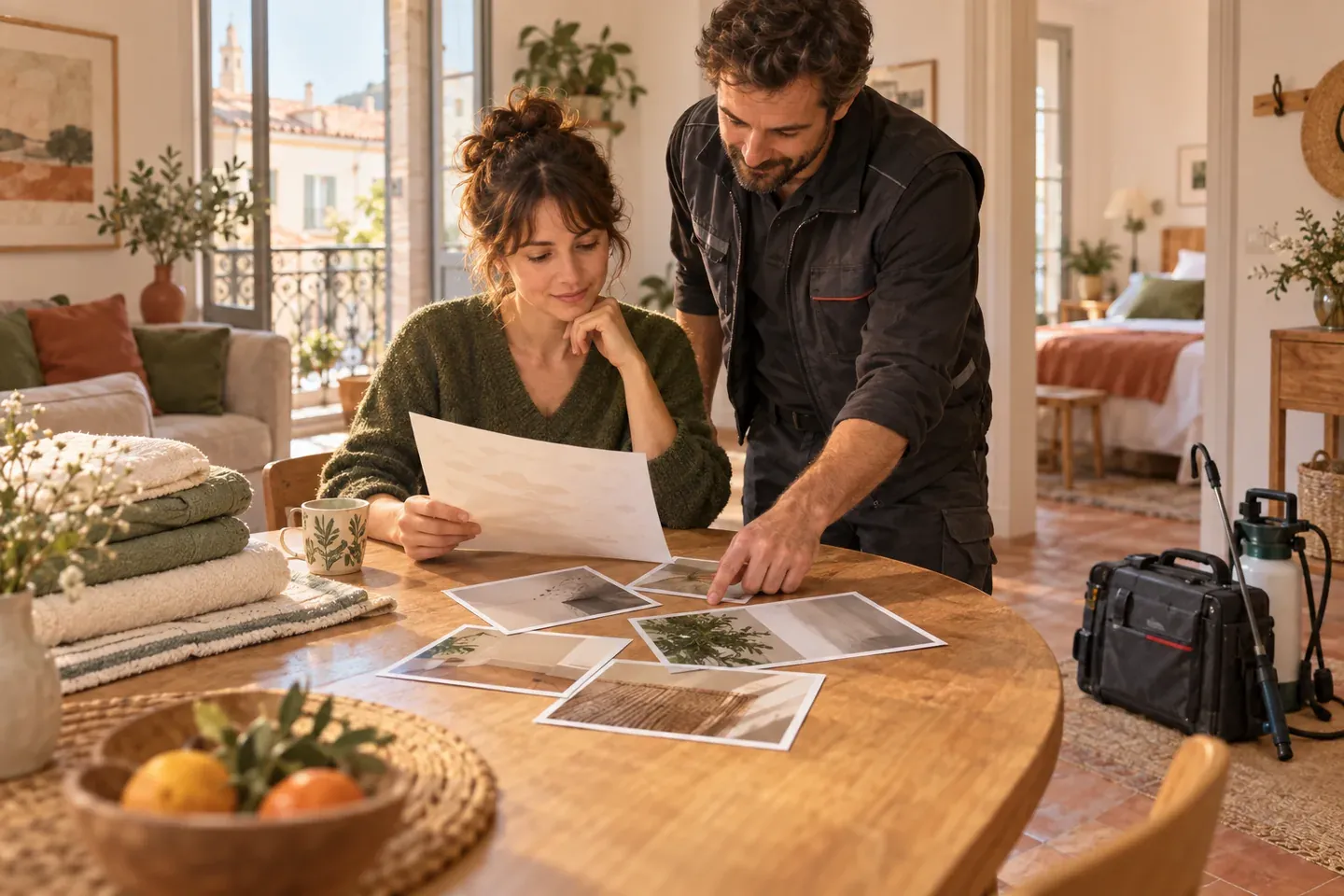 Deux personnes comparent un devis écrit et des photographies sur une table, la mallette du technicien posée à côté, dans une location touristique.