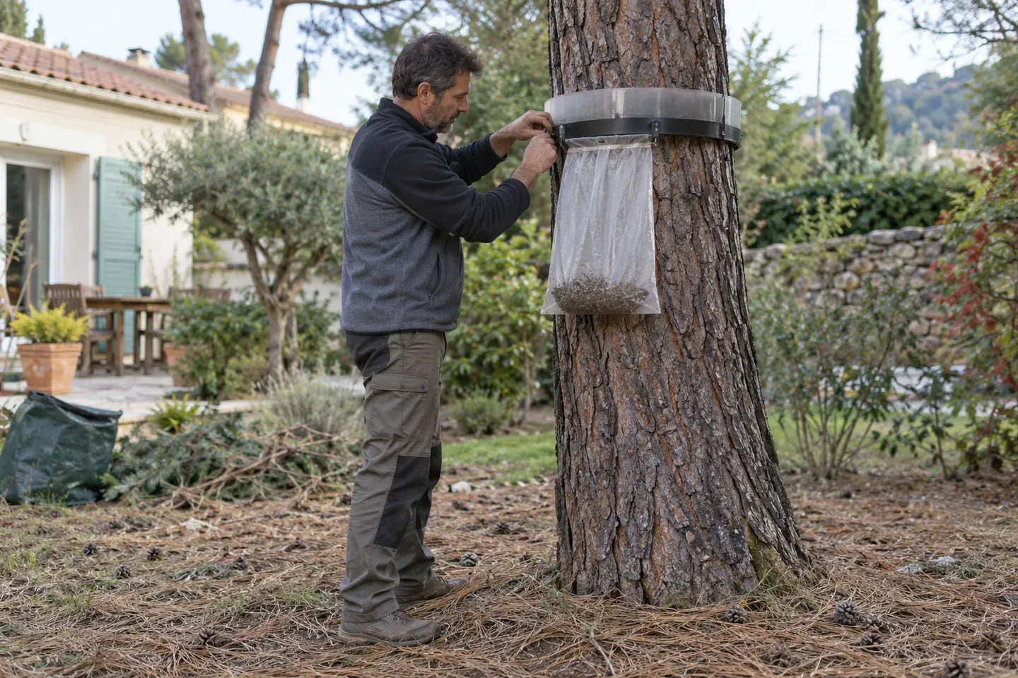 Un jardinier fixe un piège à collier autour du tronc d'un pin dans un jardin particulier