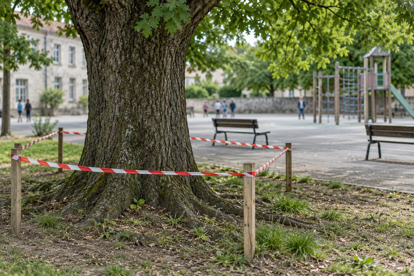 Un ruban de balisage rouge et blanc isole un grand chêne au bord d'une cour d'école vide