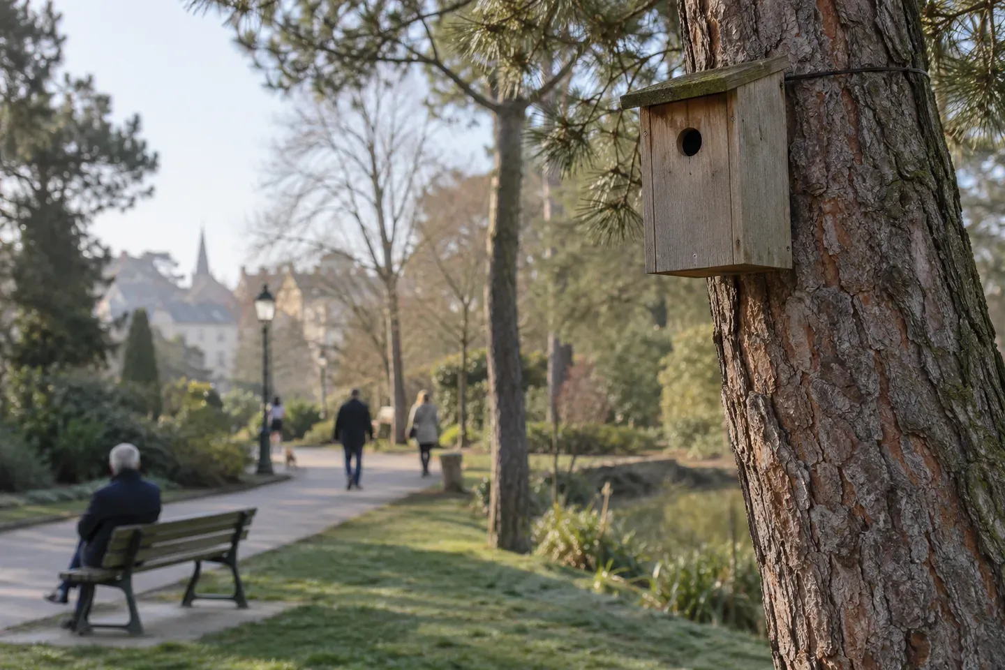 Un nichoir à mésanges fixé sur le tronc d'un pin dans un parc communal