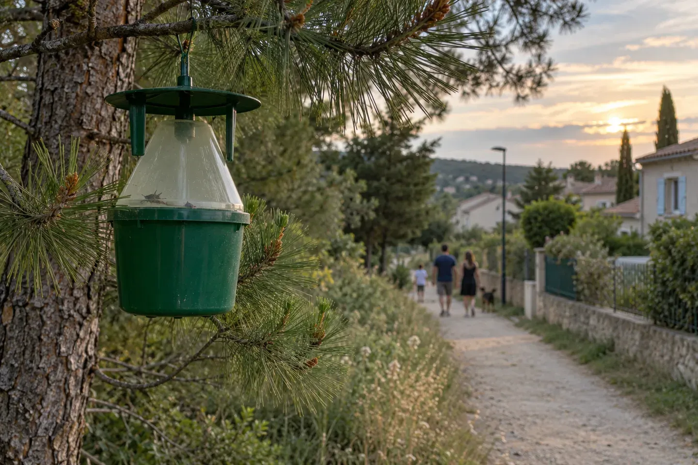 Un piège à phéromones suspendu à une branche de pin en lisière d'un lotissement