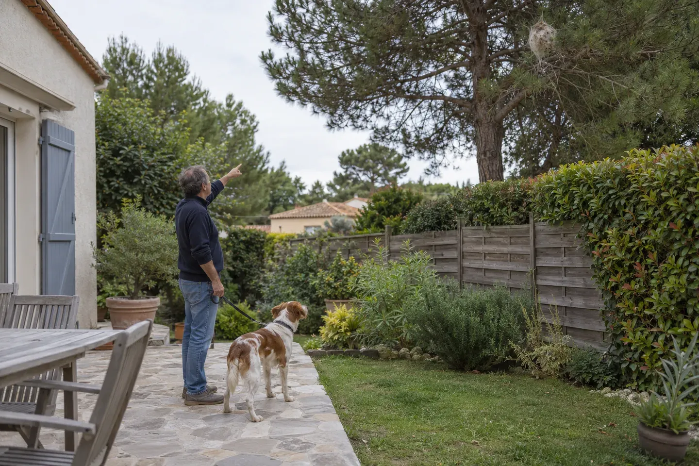 Depuis sa terrasse, un propriétaire désigne un nid dans le pin en limite de propriété, son chien tenu en laisse