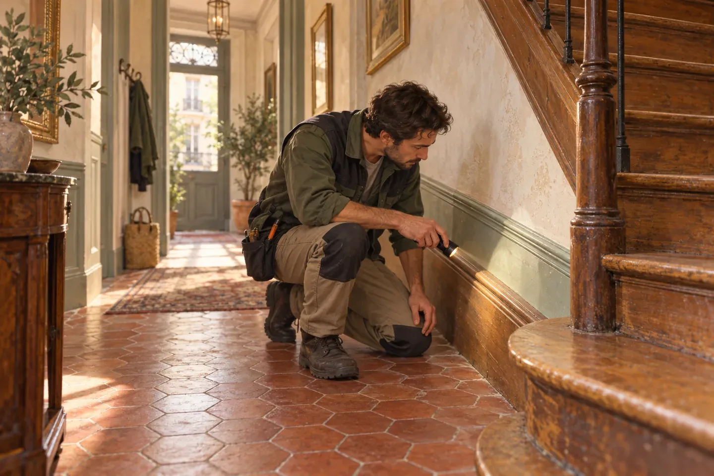 Un technicien inspecte un escalier en bois et ses plinthes dans l'entrée d'une maison de ville ancienne