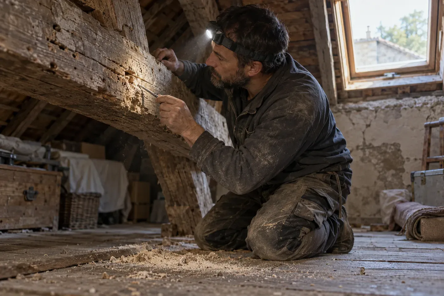Un artisan sonde une poutre de charpente ancienne à la pointe métallique dans un comble