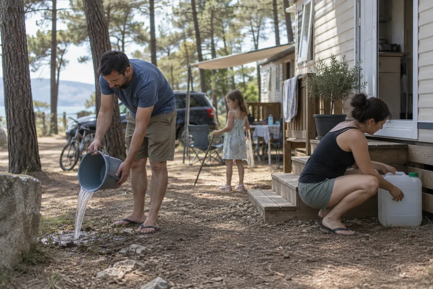 Une famille vide un seau et range un jerricane près d'un mobil-home sous les pins