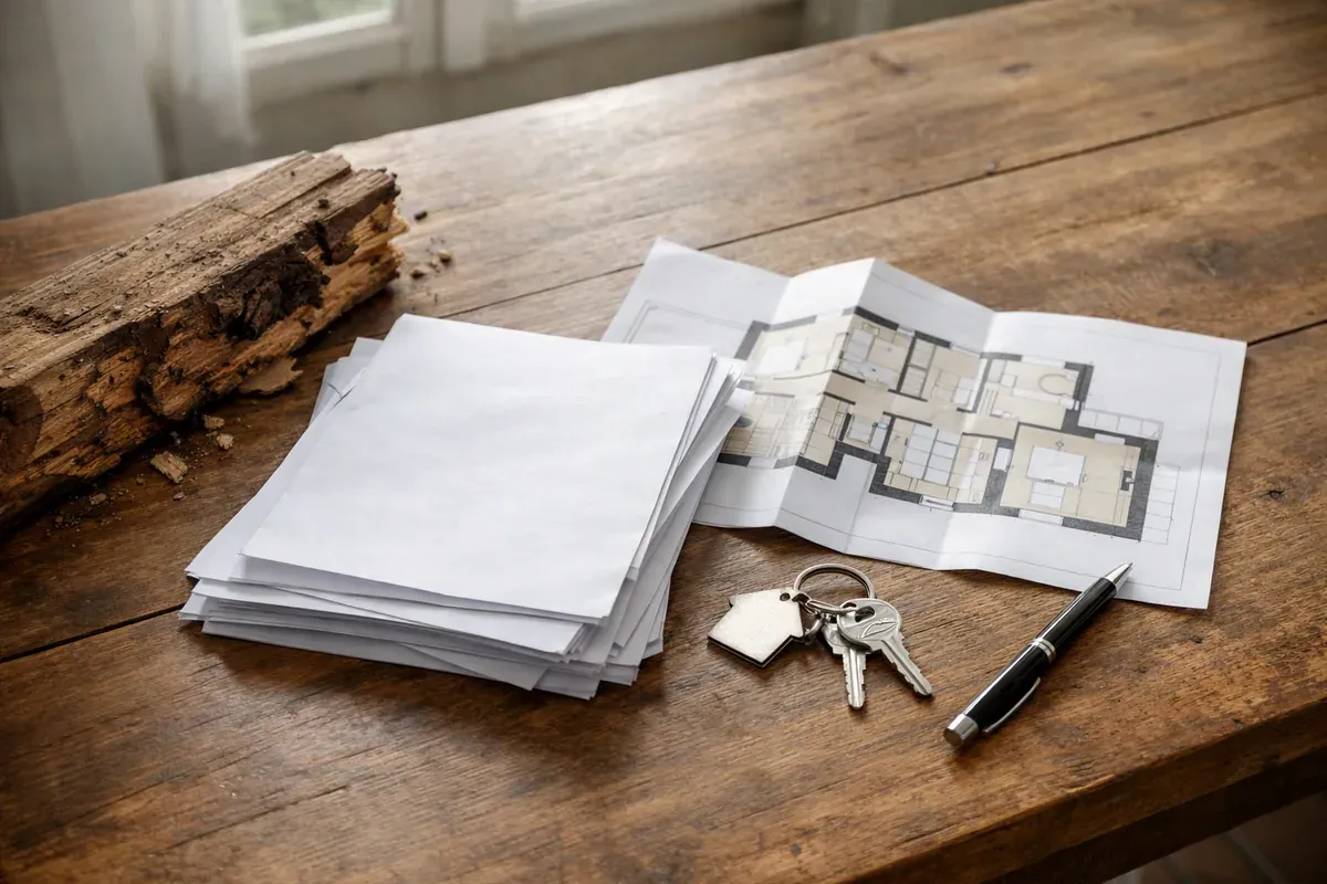 Dossier de vente immobilière et plan posés sur une table avec un trousseau de clés