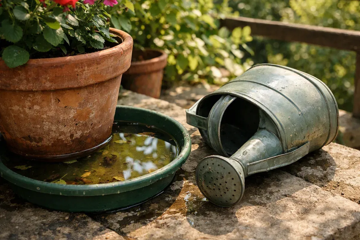 Soucoupe de pot de fleurs remplie d'eau de pluie stagnante sur une terrasse de jardin