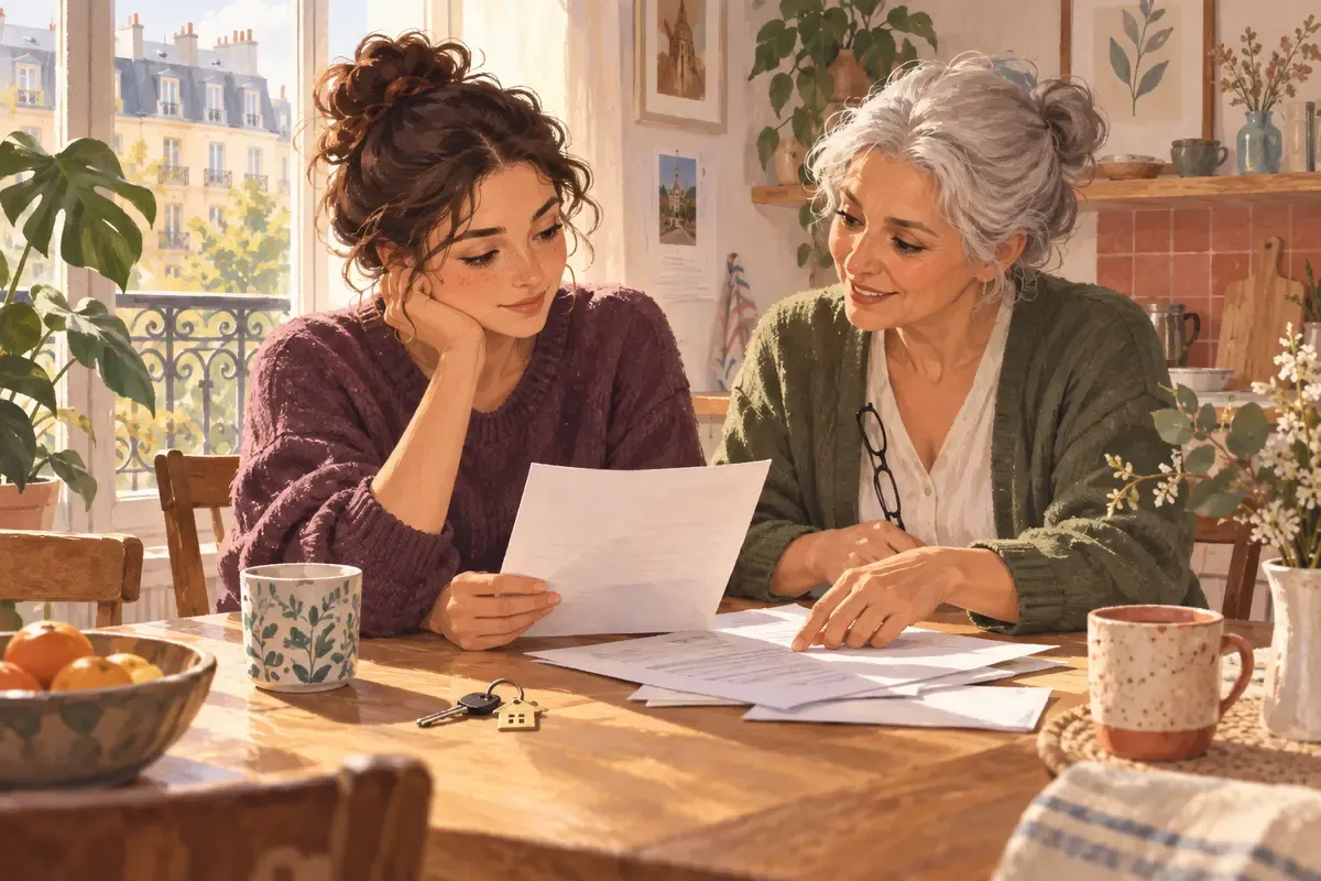 Deux personnes préparent un courrier concernant leur logement. Illustration.