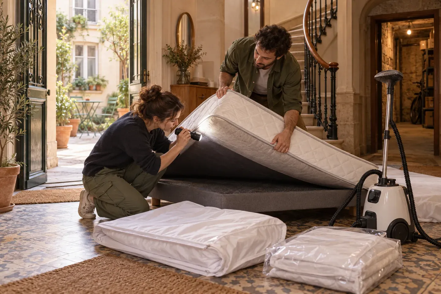 Deux personnes soulèvent un matelas et inspectent les coutures à la lampe torche, housses de protection et appareil vapeur prêts, dans les parties communes d'un immeuble.