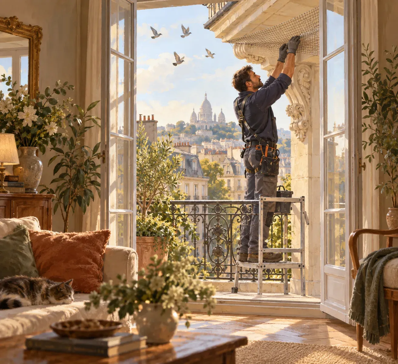 Un technicien installe un filet anti-perchoir discret sur une corniche et un balcon, dans un logement.